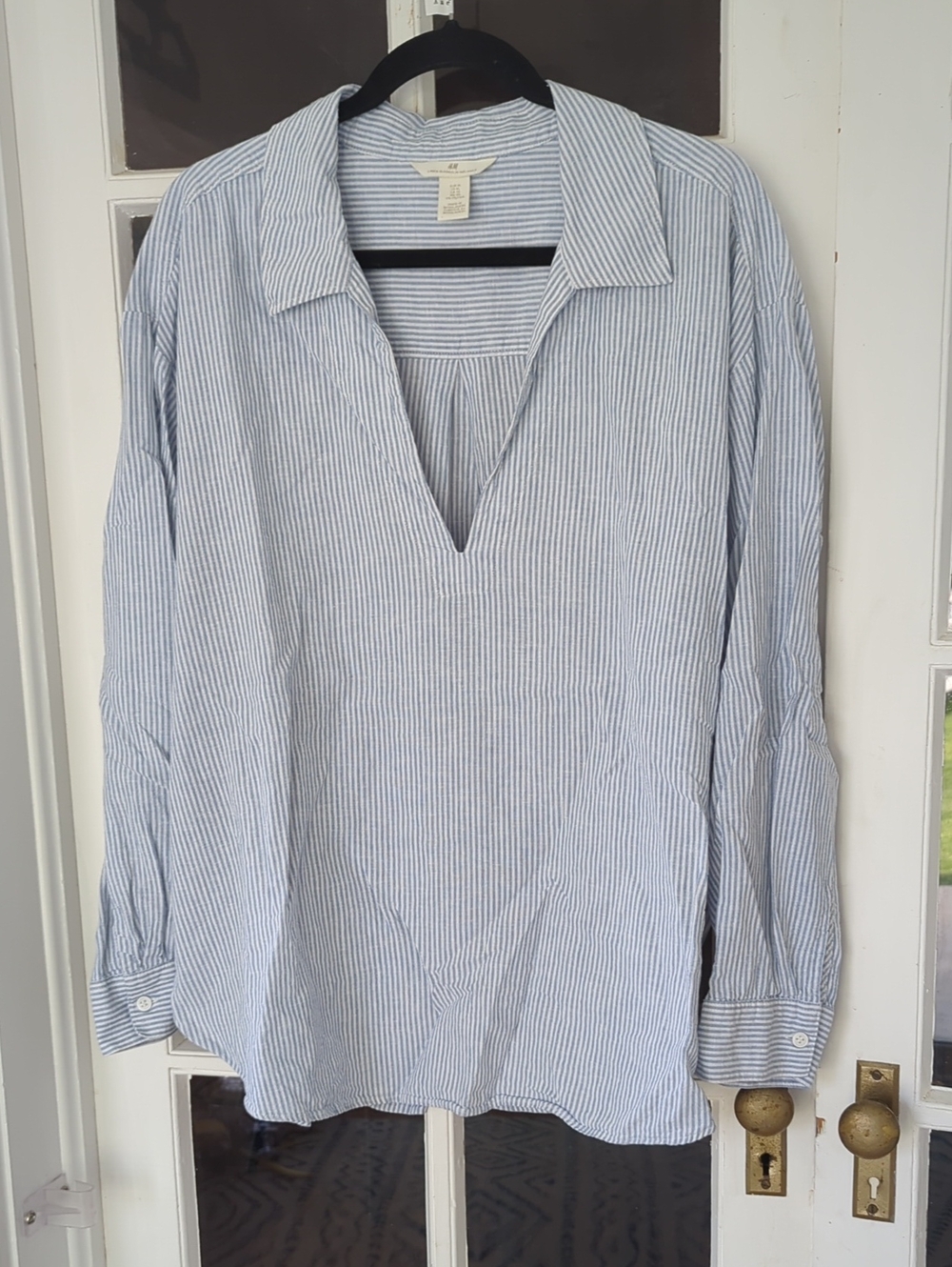H&M - Linen Blend Light Blue Pinstripe Oversized Popover Shirt